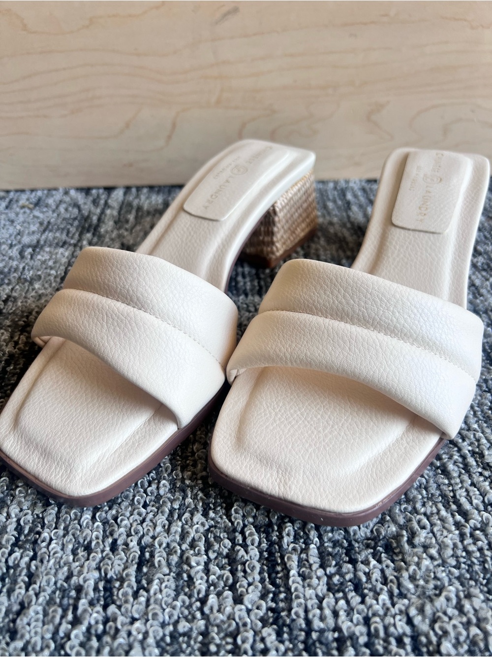 Chinese Laundry Cream Padded Double-Band Slide Mules with Woven Block Heel